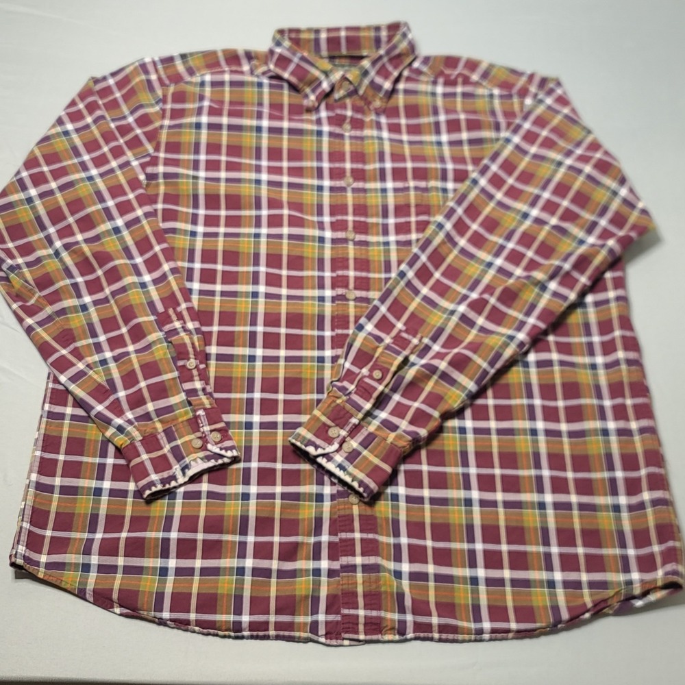 Eddie Bauer Men's XL Tall Plaid Button Up Shirt Burgundy Green Cotton Workwear